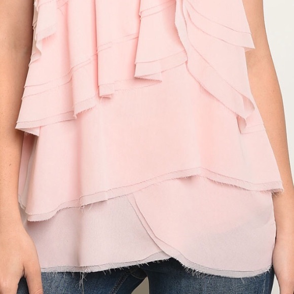 Soft Pink Mock Neck Ruffled Frayed Edging Sleeveless Top - Picture 4 of 14
